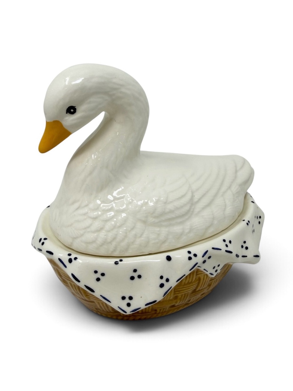 Vintage White Ceramic Nested Swan Covered Dish Basket Base Cottagecore
